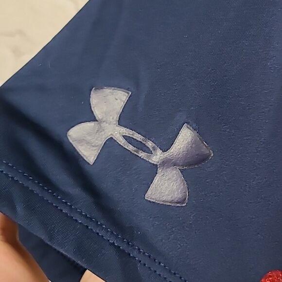 Under Armour T-Shirt MK1 Graphic HeatGear Fitted Navy Blue Green Athletic Jersey - Picture 7 of 8